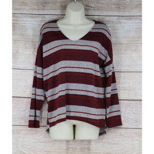 Ginger G Womens Size Medium V-Neck Striped Knit Sweater Gray Maroon